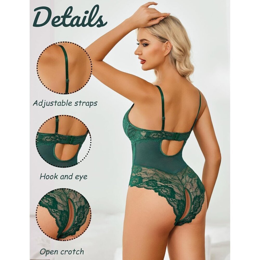 Lace Bodysuit Women Mesh Floral V Neck Sexy One Piece Lingerie XXL - Picture 2 of 6